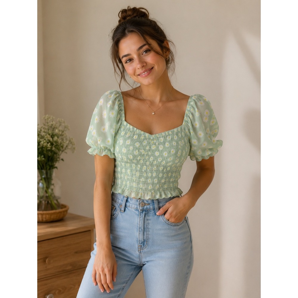 Pink Lily Daisy Floral Peplum Top Womens Large Mint Green Excellent Puff Sleeve